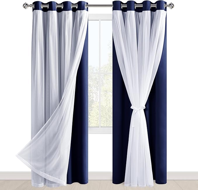 Hiasan Mix & Match Blackout Curtains with Sheer Overlay, Thermal Insulated Privacy Double Layer Room Darkening Window Curtains for Bedroom, Living Room, 2 Panels with Tiebacks, Navy Blue, 52W X 84L
