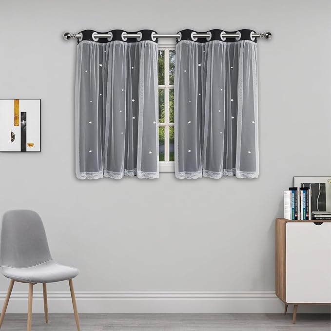 Cute Blackout Curtains for Girls Bedroom - Black Aesthetic Star Cutout Double Layer with Sheer Overlay, 45 Inch Length 2 Panels Teens Kids Room Curtain Nursery Decor Short Drapes