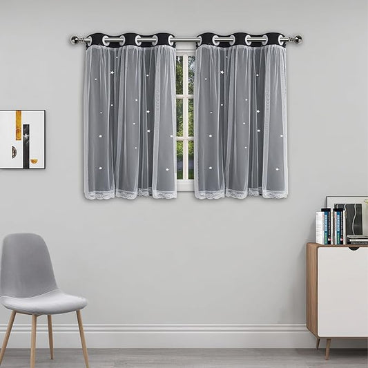 Cute Blackout Curtains for Girls Bedroom - Black Aesthetic Star Cutout Double Layer with Sheer Overlay, 45 Inch Length 2 Panels Teens Kids Room Curtain Nursery Decor Short Drapes
