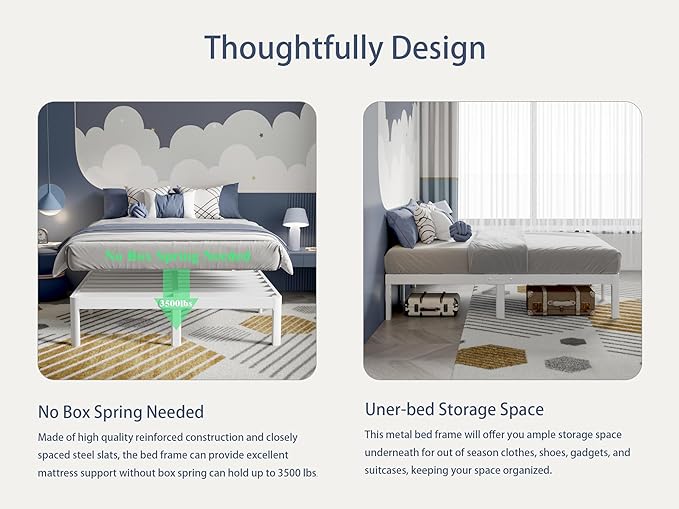 White King Size Bed Frame 16 Inch, Metal Camas King Bed Frame No Box Spring Needed, Heavy Duty Steel Support 3500 LBS, DIY Headboard, Noiseless, Round Corner Legs, Storage Space, Easy Assembly