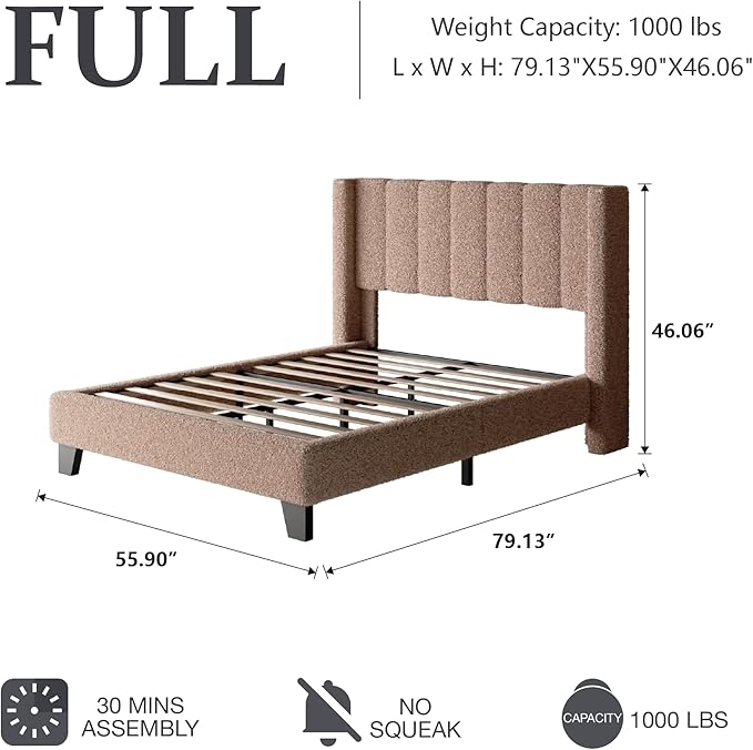 Full Bed Frame with Headboard Upholstered Platform Bed Frame with Teddy Velvet Headboard, Wooden Slats Support/Wing Edge Design/No Box Spring Needed/Easy Assembly, Brown Full