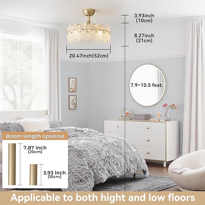 20" Gold Fandelier Ceiling Fan with Lights, Gold Crystal Chandelier Ceiling Fans with Light Remote Control, Modern Caged 6-Speed for Bedroom, Living Room, Nursery