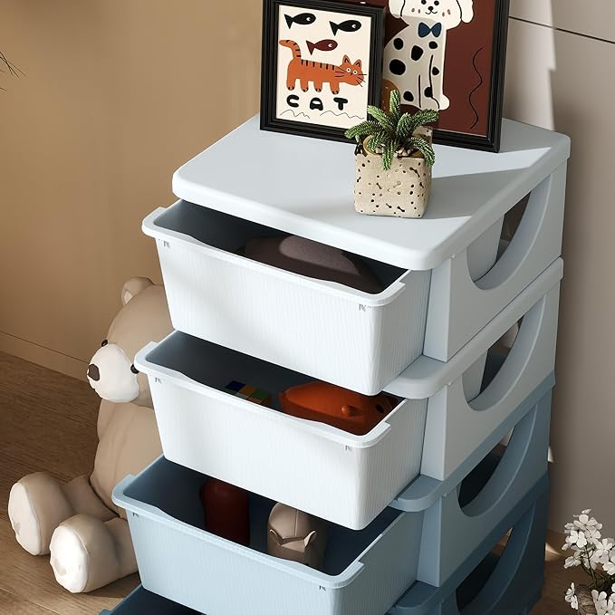 Qaba 4 Tier Kids Storage Unit, 4 Drawer Chest Toy Organizer Plastic Bins for Kids Bedroom Nursery Kindergarten Living Room for Boys Girls Toddlers, Blue