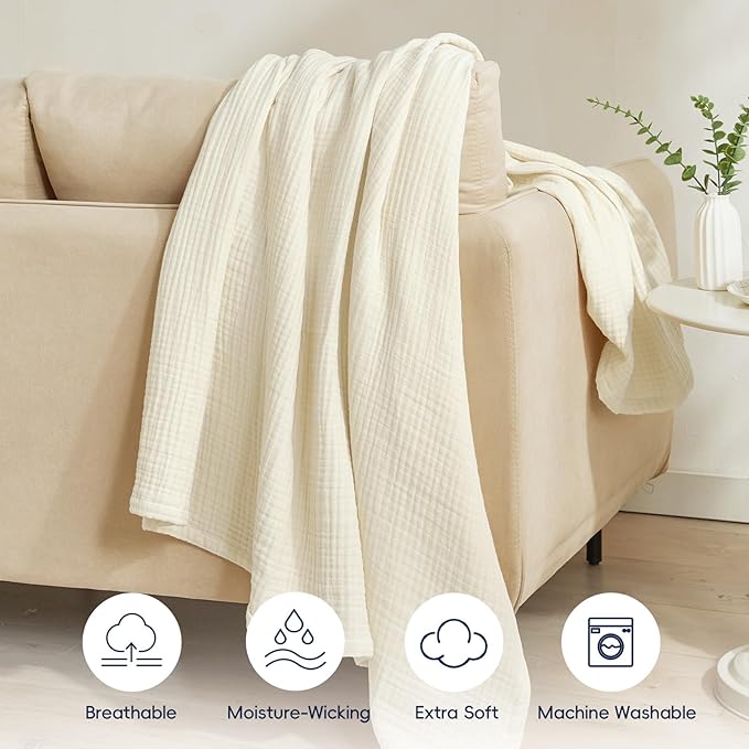 PHF 100% Cotton Muslin Throw Blanket 50" x 60", 4-Layer Lightweight Gauze Throw, Breathable Cloud-Soft Minimalist Blanket for Bed, Couch, Camping & Baby, Birch, Ideal Gift