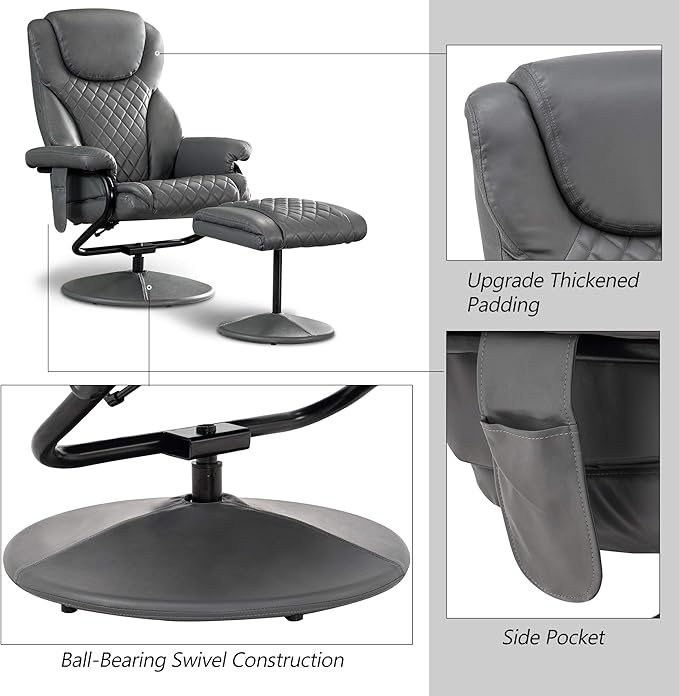 MCombo Recliner with Ottoman, Reclining Chair with Massage, 360 Swivel Living Room Chair Faux Leather, 4901 (Grey)