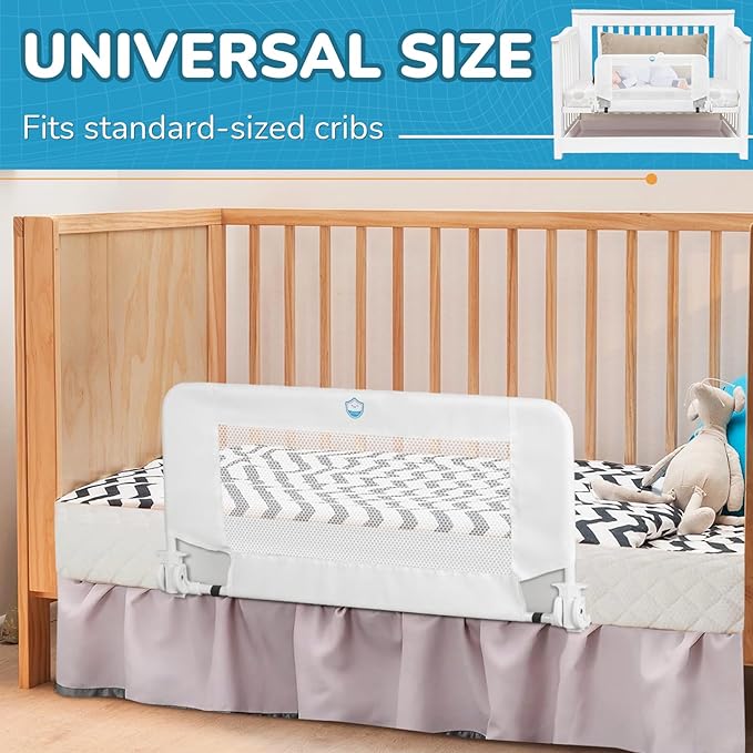 Universal Swing Down Crib Rail Guard, Convertible Crib Bed Rail for Toddlers, with Reinforced Wing Nut Safety System, Compatible with All Major Brand of Crib, White