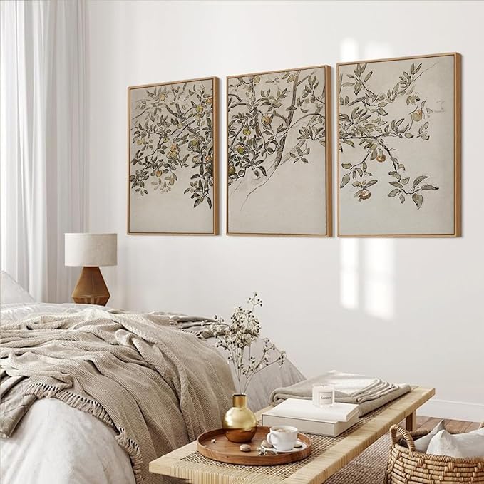MTFBWY Framed Botanical Apple Tree Wall Art Set of 3, Vintage Nature Branch Canvas Prints, Rustic Farmhouse Plant Wall Art, Neutral Still Life Painting for Living Room Bedroom Office Decor, 24L x 16W