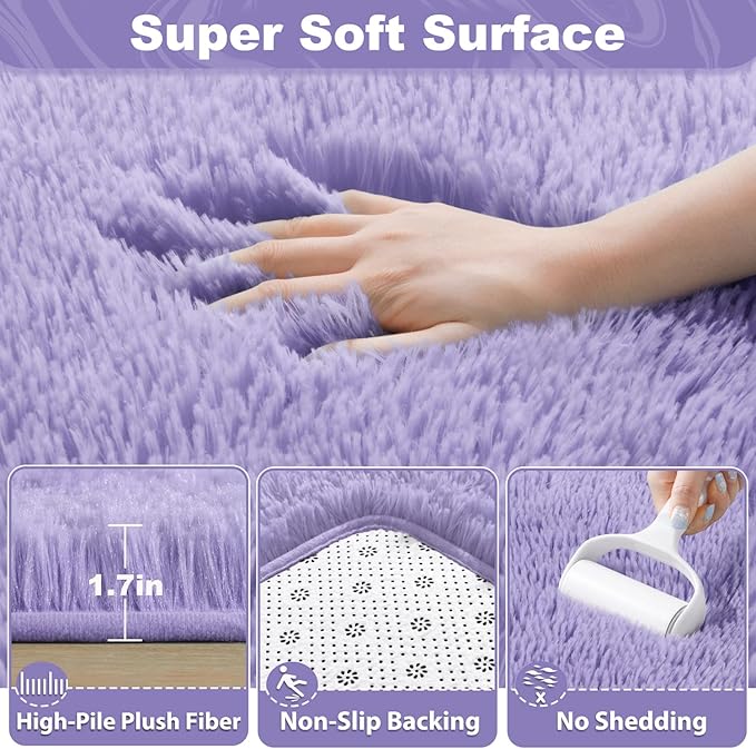EVOIONOS 5x7 Washable Large Area Rug Living Room, Fluffy Shag Rug Bedroom, Ultra Soft Plush Non Slip Carpet Indoor Floor Bedside Nursery Kids Girls Room Dorm, Home Decor Aesthetic, Lavender Purple