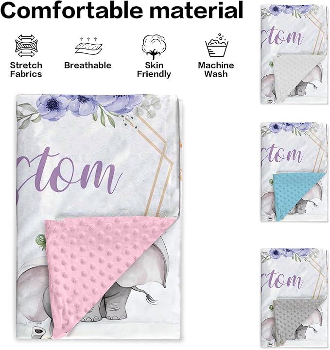 Personalized Baby Blankets for Girls, Custom Name Purple Flower Elephant Design Baby Blanket, Soft Receiving Blanket for Newborns and Toddlers, Ideal for Baby Showers and Nursery Decor