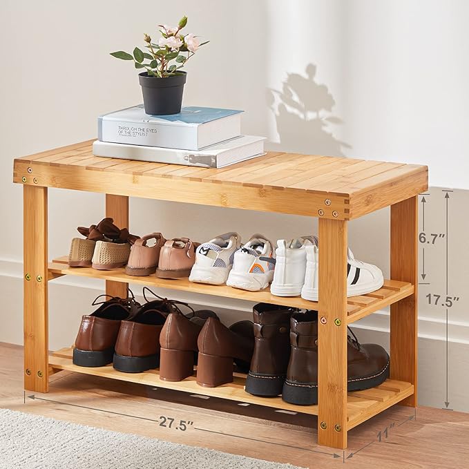 Pipishell 3 Tier Bamboo Shoe Rack Bench - Sturdy Shoe Organizer Holds up to 300lbs for Entryway, Bedroom, Living Room, Balcony