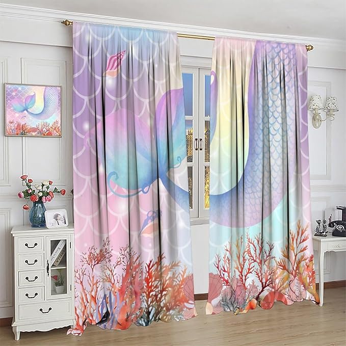 Dream Mermaid Curtains Colorful Mermaid Fish Tail Scale Fantasy Ocean Theme Beautiful Kids Window Treatment for Girls Bedroom Nursery Room Decor Rod Pocket Window Drapes 63x63in