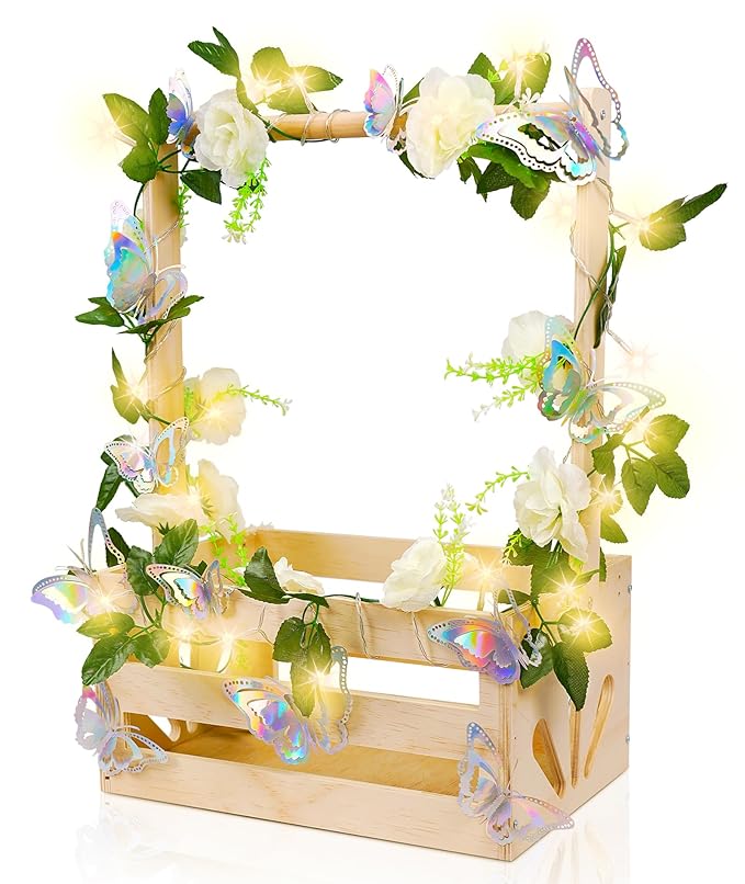 Wooden Baby Shower Crate Closet-Baby Shower Basket with String Lights Butterfly Welcome Gift Basket Wooden Crate for Baby Gift Basket Newborn Boys Girls Pregnancy Gifts-Small Baby Shower Gifts