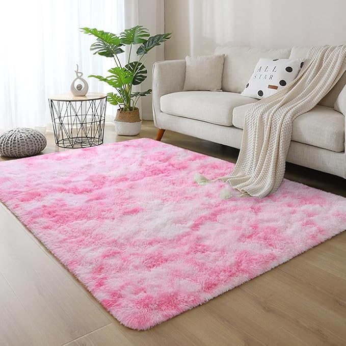 DweIke Fluffy Pink White Rugs for Bedroom Living Room, 3x5 Feet Soft Plush Shaggy Tie-Dyed Pink Girls Boys Kids Rug, Non-Slip and Machine Washable Carpet for Dorm Nursery Classroom Decor