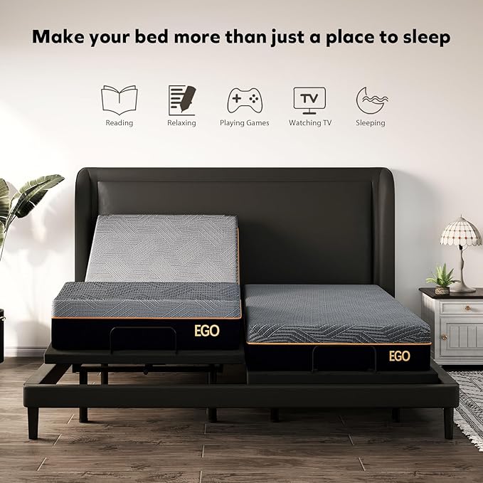EGOHOME Split King Adjustable Bed Frame and 12" Memory Foam Mattress, Independent Head and Foot Incline Electric Bed with Massage, Wireless Remote, Zero Gravity, LED Lights, USB Ports, Adjustable Legs