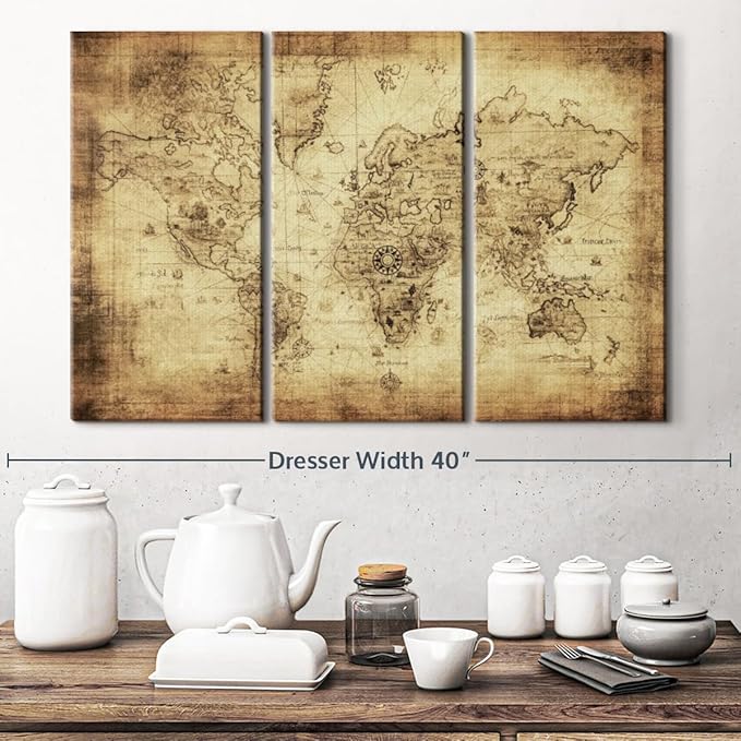 ElephantStock Ancient World Map Wall Art Multi Piece Canvas - 3 Piece Canvas World Map Wall Decor - Wall Decor - Ready-to-Hang Print - Vintage Wall Art - 33" X 20"