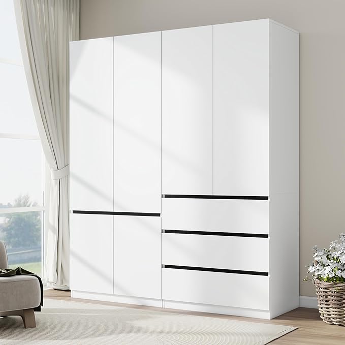 Armoire Wardrobe Closet with Drawers：75" Large White Wardrobe Closet Cabinet with 4 Doors for Hanging Clothes, Modern Wooden Bedroom Armoires with 3 Drawers and Storage (B+C, 63")