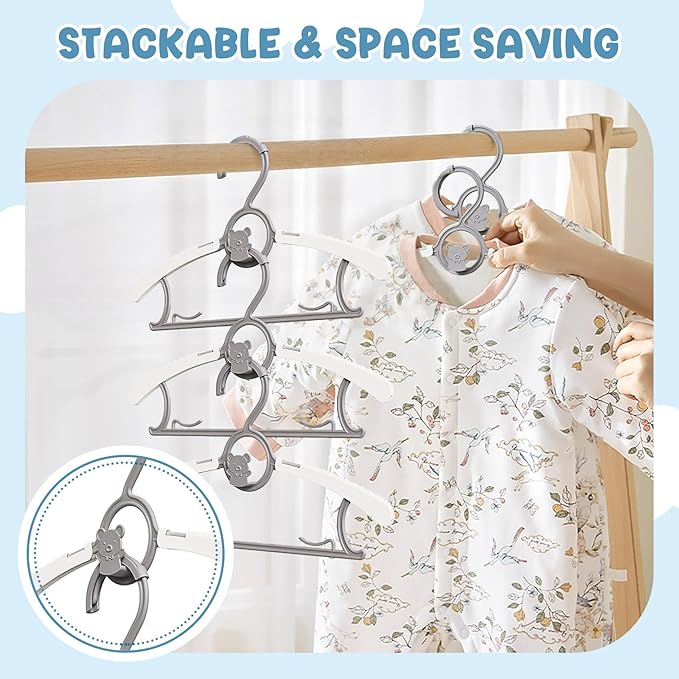 50 Pack Kids Hangers for Nursery Closet, Adjustable Non-Slip Toddler Baby Hangers with Windproof Buckle, 11-14" Infant Child Plastic Clothes Pant Hanger for Boys Girls Newborn Adult, Grey