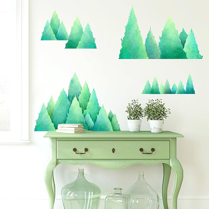 Watercolor Pine Tree Wall Decals Large Tree Wall Decal Sticker Green Tree Branches Wall Decals Evergreen Tree Wall Stickers Forest Decor Woodland Pine Tree Wall Stickers for Nursery Bedroom