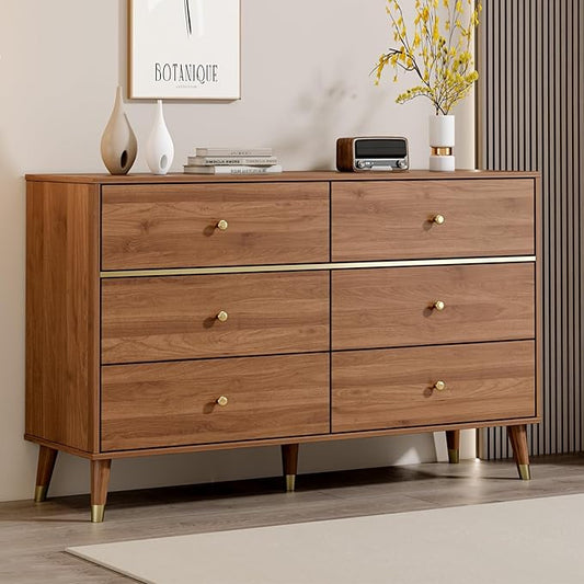 6 Drawer Dresser,47" Wide Mid Century Chest of Drawers,Wooden Bedroom Drawer Dresser with 6 Storage Drawers for Bedroom,Living Room,with Anti-Tipping Device,Dark Walnut