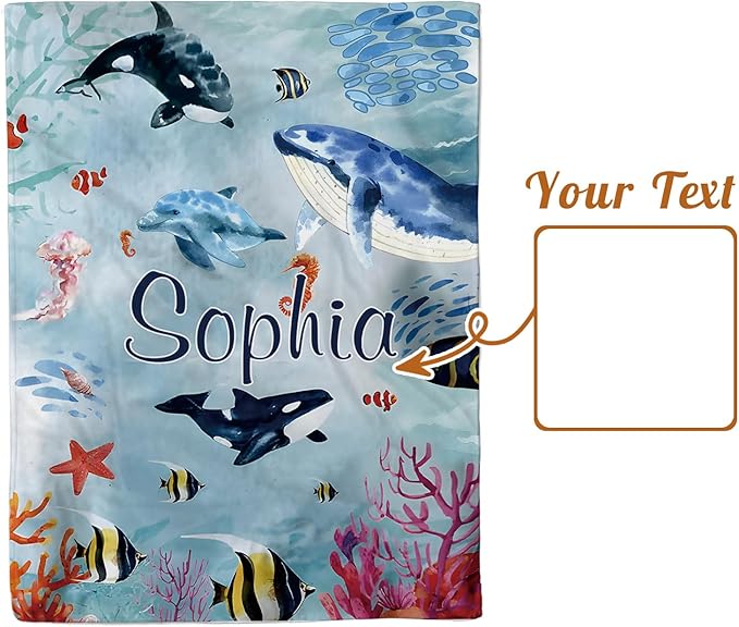 Custom Baby Blanket - Ocean Animals Theme Personalized Name Blanket for Boys Girls, Soft Infant Toddler Blanket with Whale and Dolphin, Customizable Nursery Bedding (30”x40)