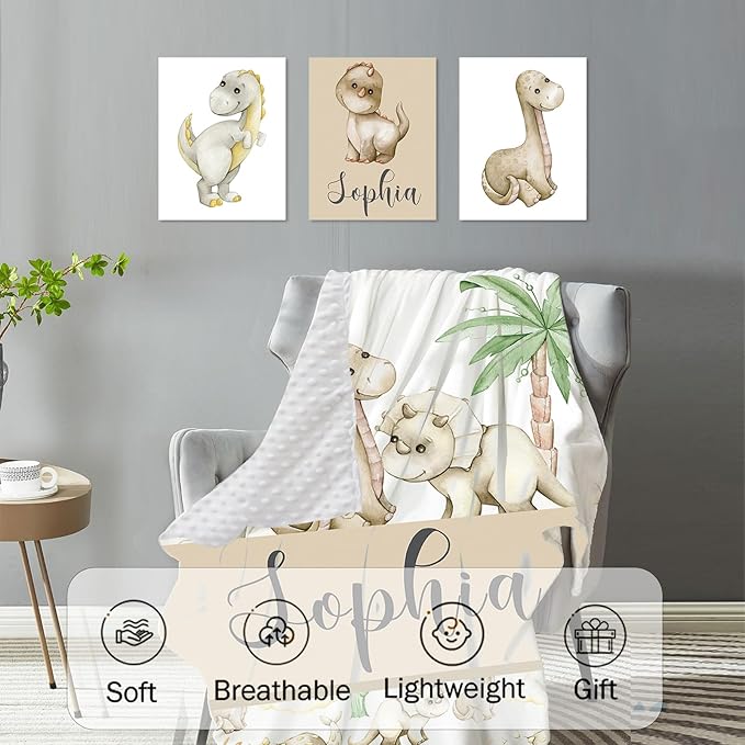 Custom Baby Crib Bedding Set,Personalized Name 4 Piece Nursery Bed Set with Dinosaur Design,Baby Blanket Fitted Sheet Nursery Rug Wall Art Set,Custom Room Decor Idea Gift for Newborns Boys Girls