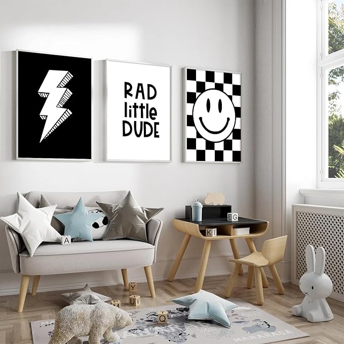 Boys Room Wall Art Decor Set of 3 Toddler Nursery Canvas Wall Art Baby Kids Wall Decor Black Checkered Smiley Poster Pictures Retro Playroom Rad Little Dud Art Prints for Bedroom 12x16 Inch Unframed