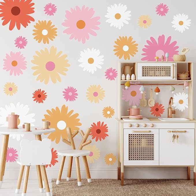 TaoBary 12 Sheets Daisy Wall Decal Flower Wall Sticker Cute Daisy Sticker Pink White Flower Decal Peel and Stick Floral Wallpaper for Nursery Bedroom Home Decor(Bright Color,Artsy Style)