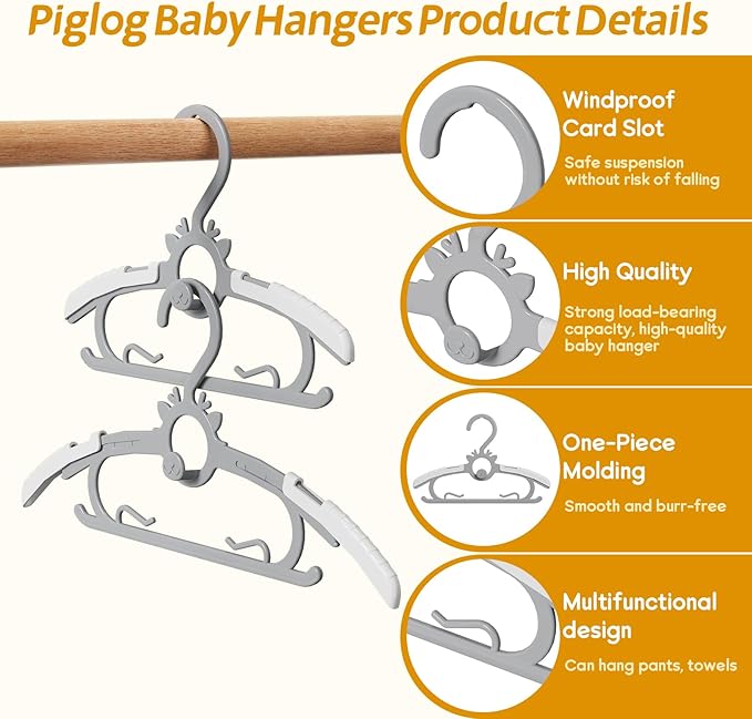 Kids Hangers 30PCS, 11"-14" Extendable and Stackable Baby Hangers, 45g Ultra-Thick Space Saving Non-Slip Plastic Hanger for Infant, Toddler and Nursery Closet, Gray