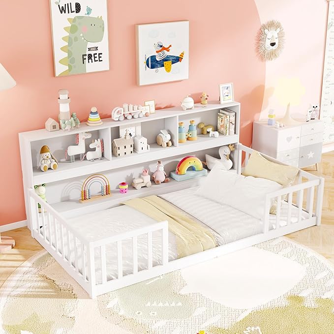 KOMFOTT Twin Floor Bed with Bookcase & Shelves, Wood Bed Frame with Bedside Bookshelves & Guardrails, Versatile 2-in-1 Montessori Floor Bed for Kids (White)