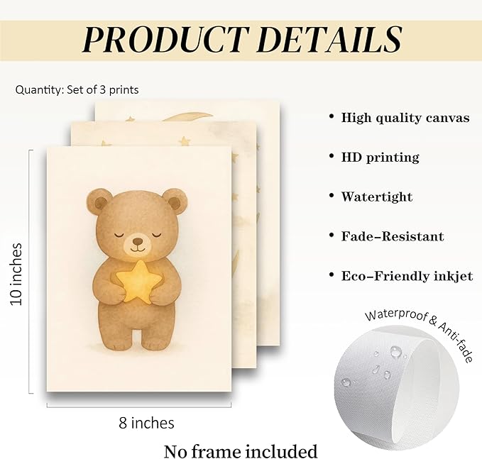 XBQZFLHT 3Pcs Bear Nursery Wall Art Teddy Bear Moon and Stars Canvas Prints Cute Animal Sleeping on the Moon and Cloud Neutral Baby Room Decor Pictures for Boys and Girls 8x10in Unframed