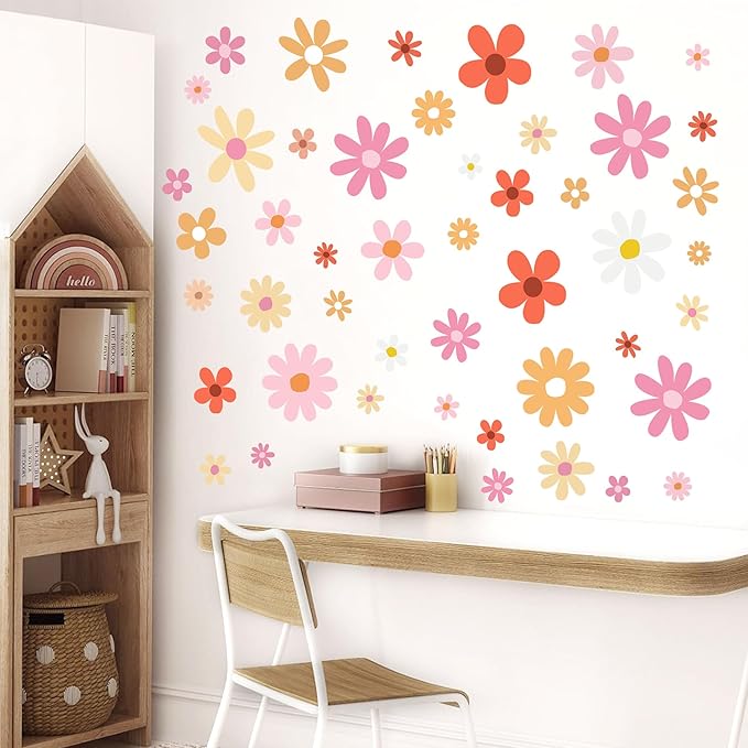 12 Sheets Daisy Wall Decals Boho Flower Wall Stickers Cute Kids Girls Room Decor Peel and Stick Floral Decals Toddler Nursery Playroom Living Room Bedroom Classroom Retro Hippie Decor Fresh Style