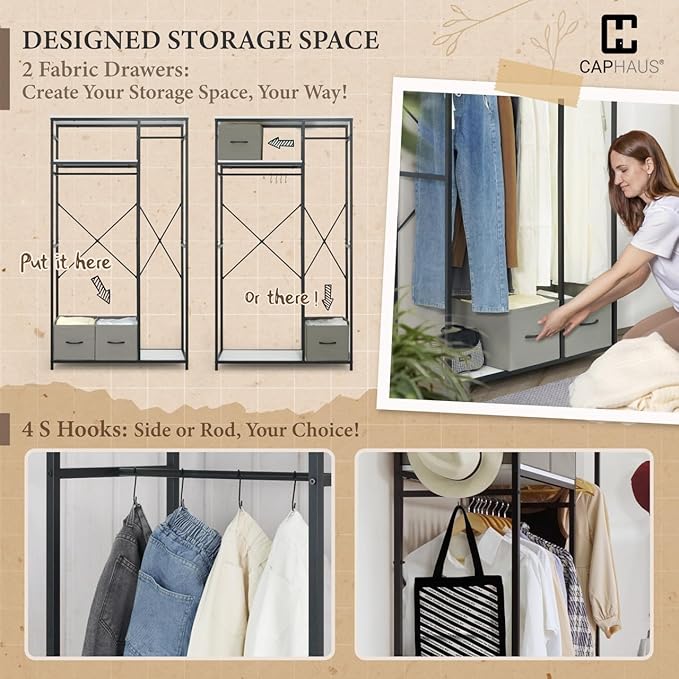 CAPHAUS 550 lbs Capacity Heavy Duty Clothing Rack, 40" W Metal Garment Rack with Drawers Hanging Rods and Wood Shelves Freestanding Closet Organizer, White Board