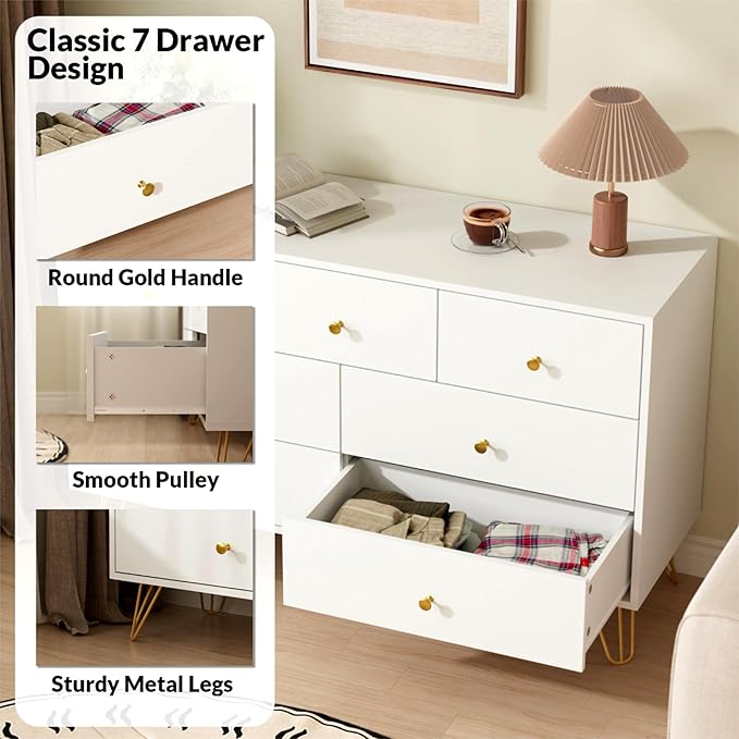 White Dresser for Bedroom, Modern 7 Drawer Dresser with Gold Handles and Metal Legs, White and Gold Dressers & Chest of Drawers for Hallway, Entryway
