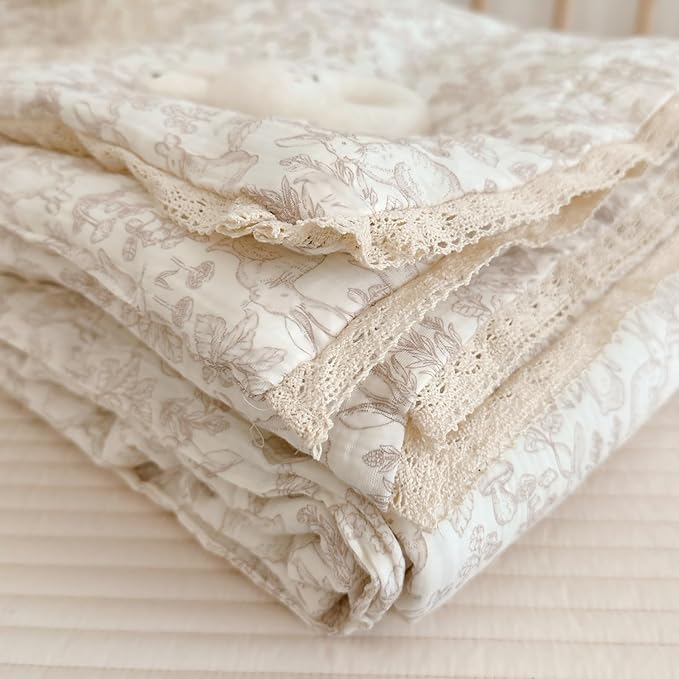 BuLuTu Cotton Muslin Blanket for Toddler Girls Boys Rabbit Pattern Baby Quilted Blanket Lightweight Soft Toddler Comforter Quilt for All Seasons, Forest Pattern, 47"x59", No Pillow