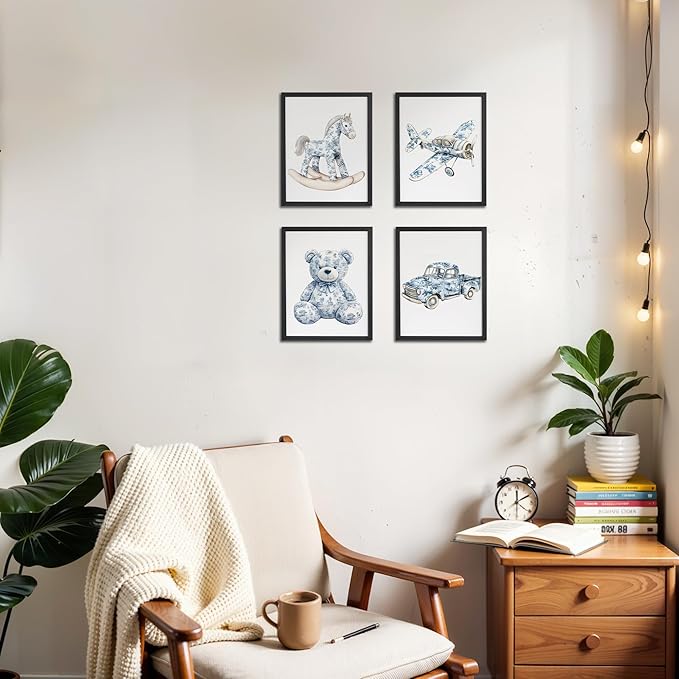 OFJE Chinoiserie Nursery Wall Art Decor Prints Set of 4, Grandmillenial Toy Horse Airplane Bear Truck Wall Art Posters Decor for Kids Girls Boys Room Playroom Bedroom, 8x10 Unframed
