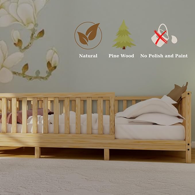Montessori Floor Bed Designed with Open Front for Girls and Boys | Pine Wood Natural Solid Frame Beds Footed Model with Slats | Sturdy Designed Floor Bed Frame for Kids (Full, Height : 23 Inches)