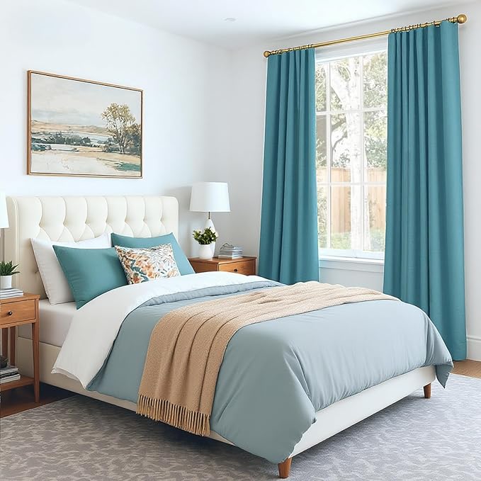 INOVADAY 100% Blackout Curtains for Bedroom, Black Out Curtains 84 Inch Long, Clip Rings Linen Blackout Drapes, Thermal Insulated Room Darkening for Living Room, 2 Panels - Teal,W50xL84