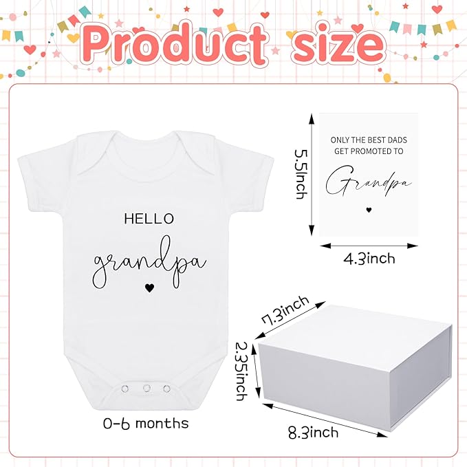 4 Pcs Pregnancy Announcement for Grandpa, Hello Grandpa Baby Bodysuit, Grandpa Pregnancy Reveal Card Baby Reveal Gift Box Baby Announcement Gifts Set for Grandpa
