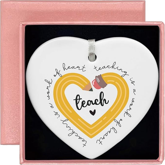 Heart Shaped Christmas Ornament-Teaching is A Work of Heart-Rainbow Teacher Appreciation Gift for Educator Mentor Instructor Thank You Teachers Week Ceramic Keepsake Decor