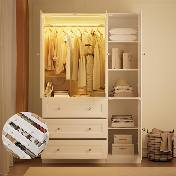 VOWNER 75" Tall Armoire Wardrobe Closet with Drawers and LED Lights, Clothing Storage Cabinet with Glass Doors & Hanging Rod, 4 Doors Wooden Armoire Storage Cabinet for Bedroom(White)