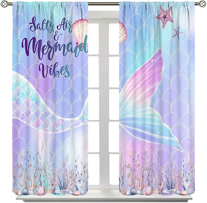 Fantasy Mermaid Curtain Colorful Rainbow Fish Tail Ocean Theme Beautiful Kids Window Treatment for Girls Bedroom Nursery Room Decor Rod Pocket Window Drapes 55x63in