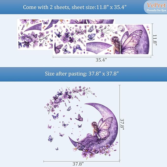 Purple Fairy Wall Decals Peel and Stick, Butterflies Moon Flowers Wall Stickers, Removable Vinyl Home Decor Art for Girls Bedroom Baby Nursery Daycare