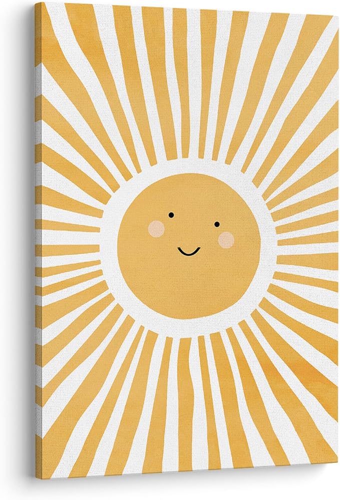 XWELLDAN Cute Cartoon Smiling Sun Cheerful Nursery Wall Art Canvas Prints,Watercolor Boho Neutral Sun Sunshine Wall Art Decor for Kids Baby Bedroom Nursery Playroom, 16 x 24 Inch, Framed