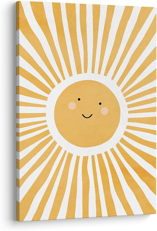 XWELLDAN Cute Cartoon Smiling Sun Cheerful Nursery Wall Art Canvas Prints,Watercolor Boho Neutral Sun Sunshine Wall Art Decor for Kids Baby Bedroom Nursery Playroom, 16 x 24 Inch, Framed
