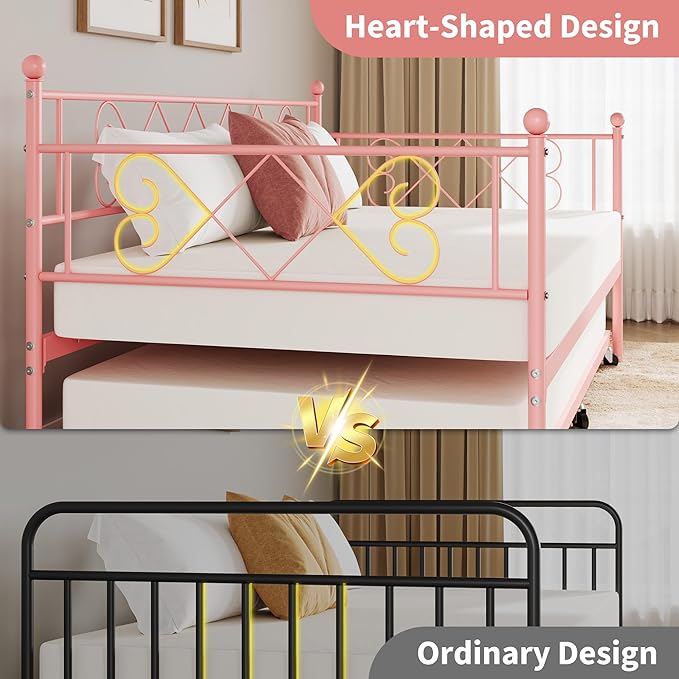 Daybed with Trundle, Trundle Bed Twin with Heart-shaped Headboard for Kids, Sturdy Metal Day Bed with Steel Slat Support, Twin Daybed for Living Room, Bedroom and Guest Room, Easy Assembly, Pink