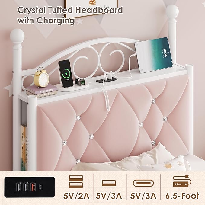 Twin Upholstered Canopy Bed Frame with Drawer & Crystal Tufted Storage Headboard Two-Purpose Metal Platform Bed with 4 Removable Posts & Charging Station Pink Princess Bed, Curtain Not Included