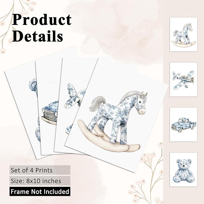 OFJE Chinoiserie Nursery Wall Art Decor Prints Set of 4, Grandmillenial Toy Horse Airplane Bear Truck Wall Art Posters Decor for Kids Girls Boys Room Playroom Bedroom, 8x10 Unframed