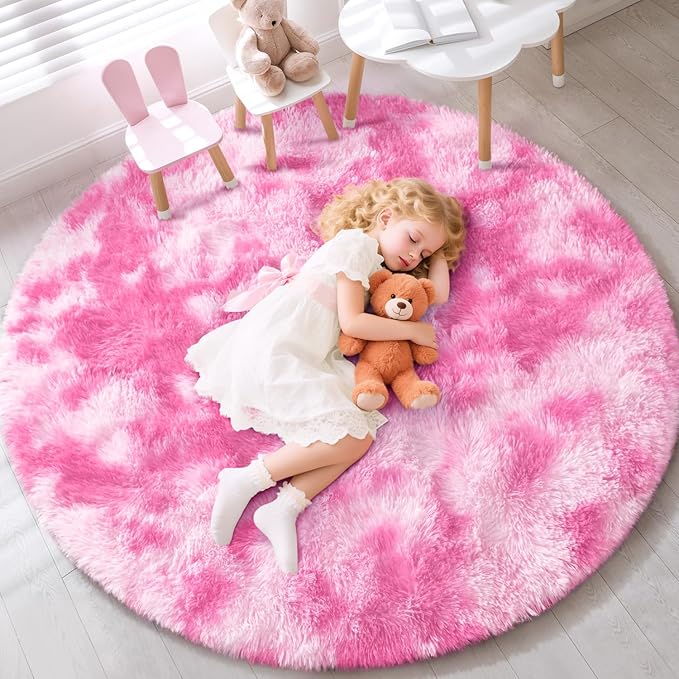 EVOIONOS Tie-Dyed Pink Round Rug Bedroom, 5x5 Ft Fluffy Soft Circle Area Rugs Living Room, Plush Shaggy Circular Carpet Indoor Floor Bedside Kids Nursery, Machine-Washable Home Decor Aesthetic