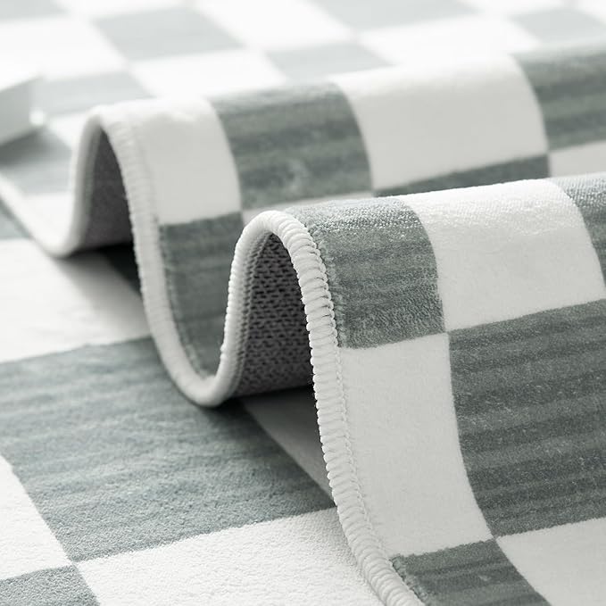jinchan 6x9 Checkered Area Rugs for Kids Room - Machine Washable Soft Rug Modern Geometric Lattice Non-Slip Carpet for Nursery Playroom Classroom Living Room Bedroom Dining Room Home Office Grey