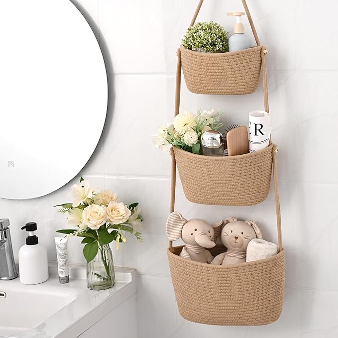 Hanging Storage Baskets, 3-Tier Over the Door Basket, Cotton Wall Baskets Storage, Detachable Hanging Door Basket with 4 Hooks, Over the Door Organizer Nursery for Bedroom, Living Room, Bathroom Wall